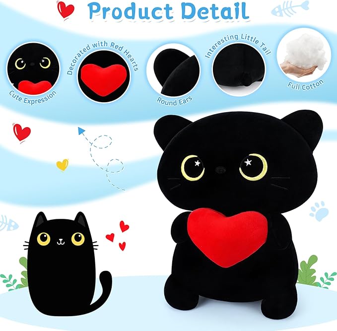Achwishap Black Cat Plush,Cute Cat Stuffed Animal-14” Kawaii Black Cat Plush Toys Birthday Gifts for Girls Boys Adults,Cute Plushies Soft Kitten Plushie Cuddle Pillow for Kids,Red Love Heart Plush