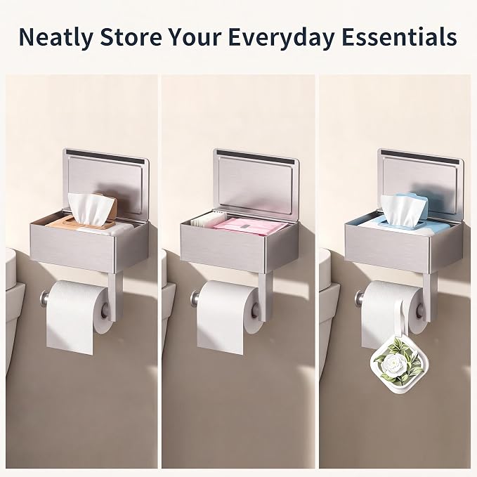 FORIOUS Toilet Paper Holder with Shelf, Sanitary Napkin Receptacle Tampon Holder, Wall Mount Toilet Paper Holder with Storage, Flushable Wipes Dispenser Fits for Bathroom Commercial, 6.5" L | Brushed Nickel 1 Pack