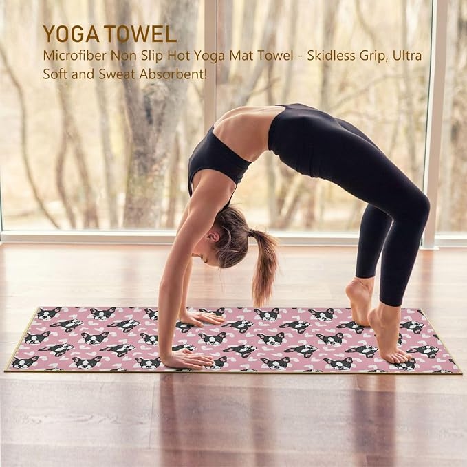 Cute French Bulldog Yoga Mat Towel Non Slip Soft Sweat Absorbent Hot Yoga Mat Towel for Hot Yoga, Pilates and Workout-73 x 27 Inch
