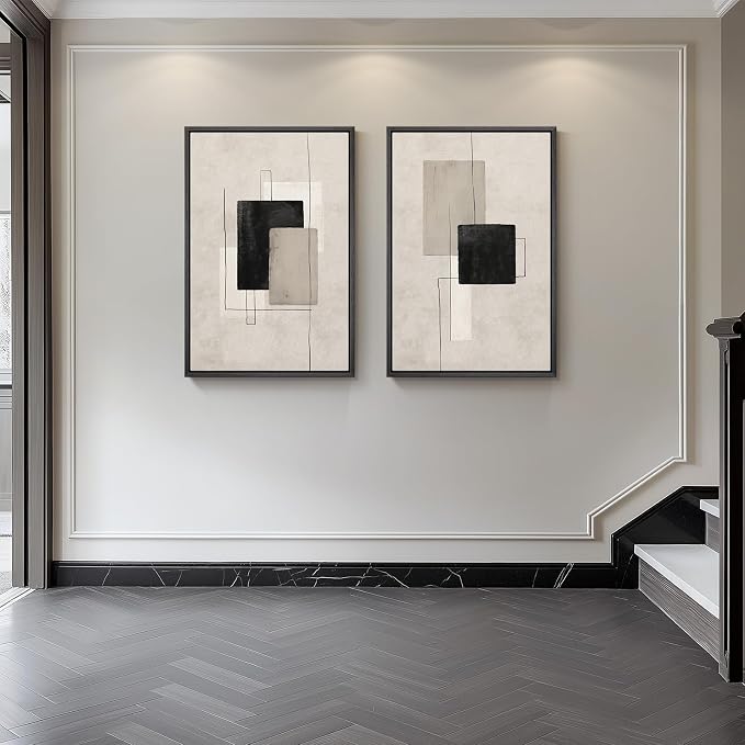 Large Framed Neutral Black Beige Abstract Wall Art Set of 2, Modern Canvas Prints Paintings Artwork for Walls, Minimalist Block Lines Pictures for Living Room Dining Room Bedroom Wall Decor 20x30 In
