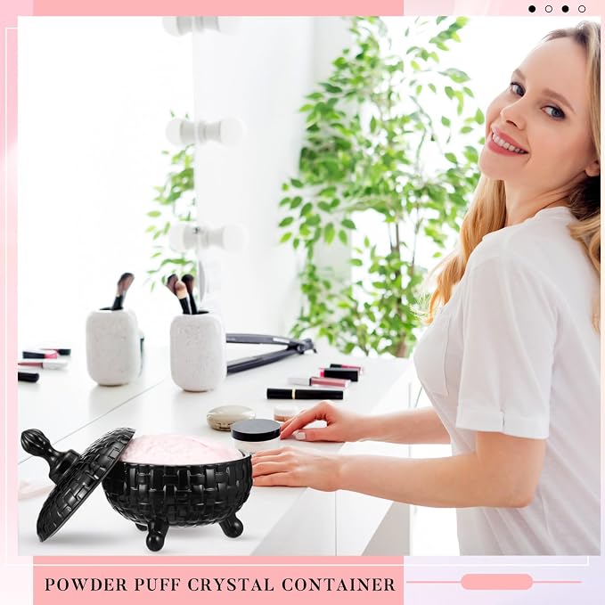 Tioncy 2 Pcs Extra Large Dusting Powder Puff and Container for Women-6'' Glass Crystal Dusting Powder Container with Body Soft Washable Reusable Velour Face(Black,Weave Design)
