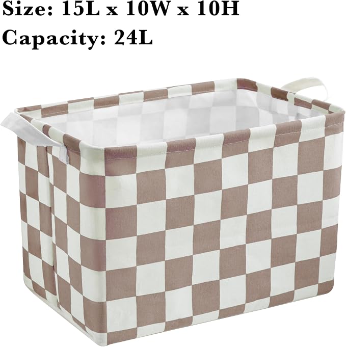Ohocut Khaki White Checkered Canvas Basket, Rectangular Organizing Decorative Storage Basket for Kids Dog Toy, Cute Aesthetic Checkered Room Decor for Home, Kitchen, Bedroom, Classroom, Shelves