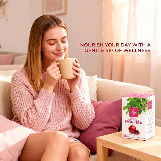 Life Plus Style Gourmet La Granja Green Tea Pomegranate Moringa Tea 25 Individually Wrapped Tea Bags Green Tea with Moringa Hibiscus and Pomegranate Herbal Blend