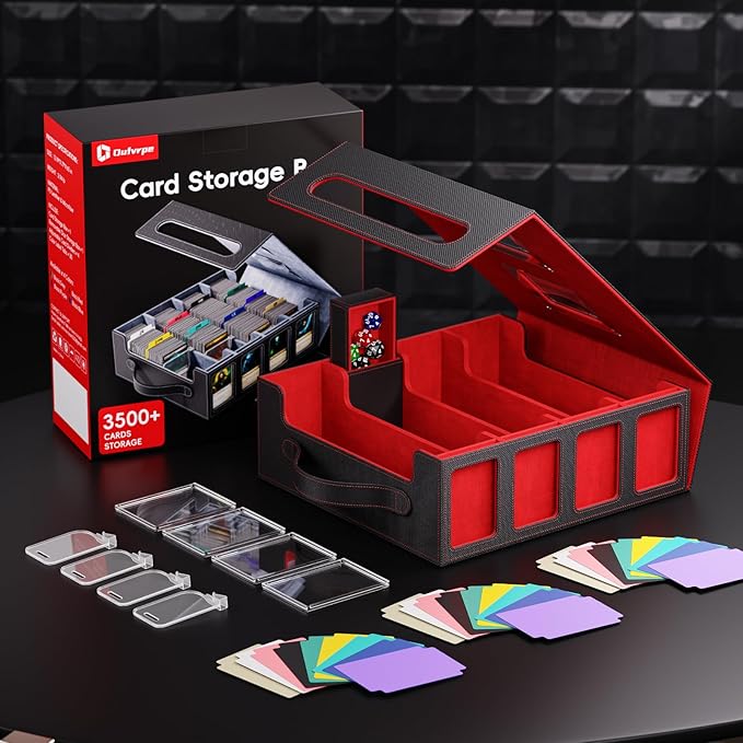 Trading Card Storage Box – 3500+ Magnetic MTG Deck Box with Handle,Commander & Toploader Display, Dice Box,4 Dividers & 30 Color Labels – Fits for TCG,MTG,Yu-Gi-Oh and Sport cards(Black/Red)