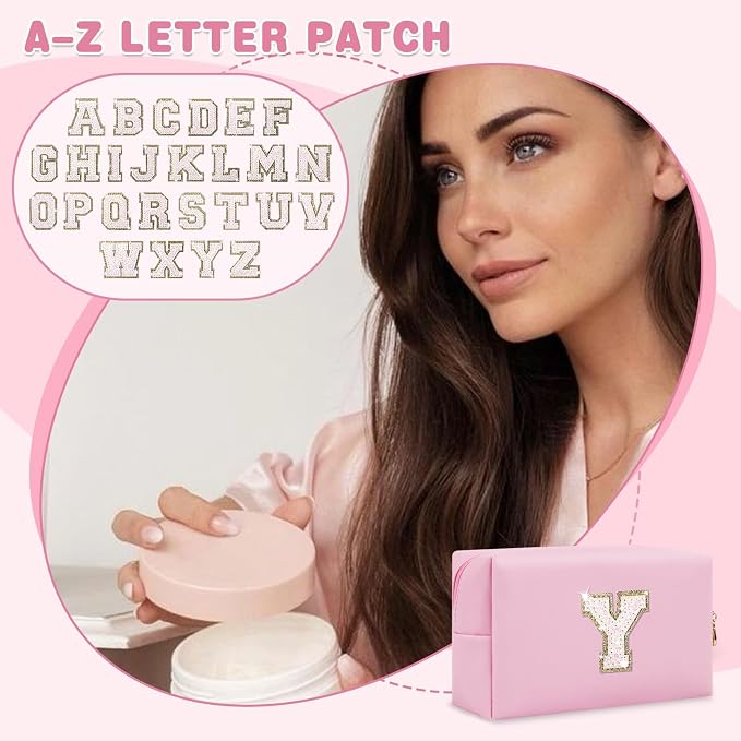 Small Personalized Initial A-Z Patch Makeup Bag,Pink Cute PU Leather Glitter Letter Cosmetic Bag for Teen Girls,Travel Toiletry Bag with Zipper,Preppy Monogrammed Birthday Gift for Daughter Niece Y