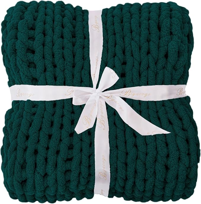 Bigacogo Chunky Knit Throw Blanket for Couch, 40x40 inches, Dark Green | Hand Knit with Jumbo Chenille, Soft Breathable Cable Knit for Sofa Bed Living Room, Machine Washable, Gift for Mom Friend