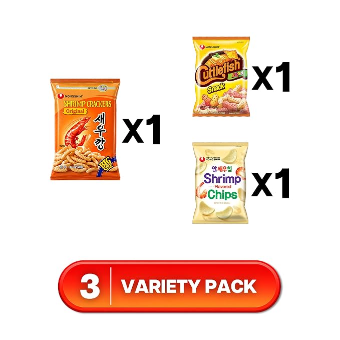 Nongshim Shrimp Chips 3-Flavor, Crispy Korean Snack Variety, 5 Count | Korean shrimp chip variety with original, spicy and gochujang seasonings, airy chip texture