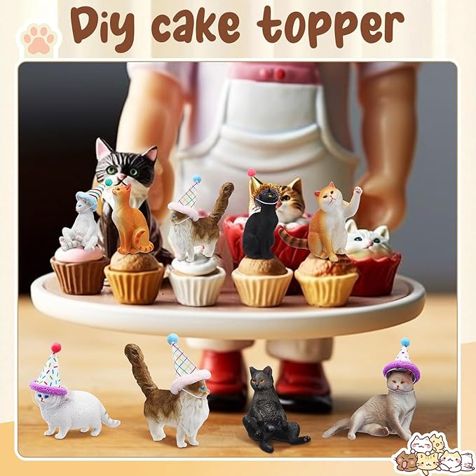 18 Pcs Cat Birthday Party Decorations Mini Birthday Hat Animal Figure Model Cake Toppers with Mini Hat for Birthday Party, Animals Themed Party