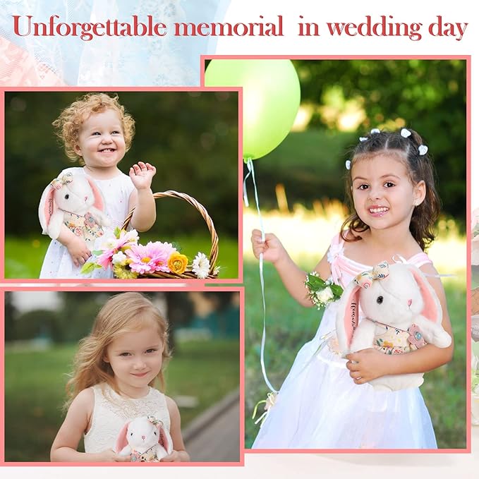 Meooeck Flower Girl Stuffed Animal Bunny Plush Toy with Embroidered Flower 10" Cute Bunny Doll Bride Gifts for Wedding Party Proposal Decorations (2 Pcs)