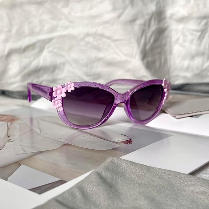 XINB LOOK Kids Sunglasses Girls, Cute Flower Frame Cartoon UV Glasses, Toddler Sunglasses Party Favor for Ages 3-10 (Purple)