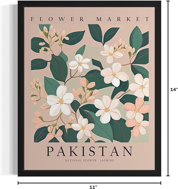 Pakistan, Jasmine Art Print Poster, Flower Market Wall Art, Floral Artwork Decor for Bedroom, Kitchen, Bathroom, Livingroom Decoration 52 (Pakistan, Jasmine, 14"L x 11"W, Black Frame)