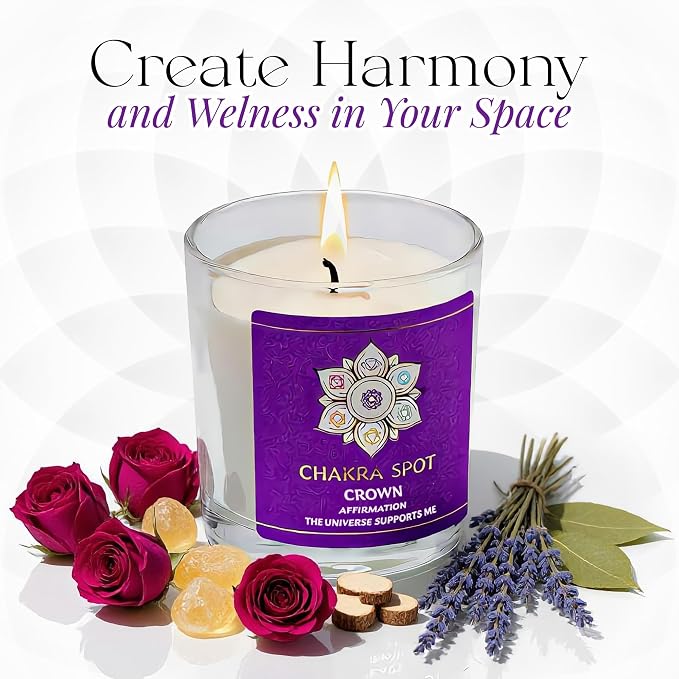 Scented Candles – Crown Chakra Candle for Spiritual Connection & Mindfulness | Rose, Frankincense, Lavender, Cedar & Patchouli, Beeswax & Coconut Blend - 8oz
