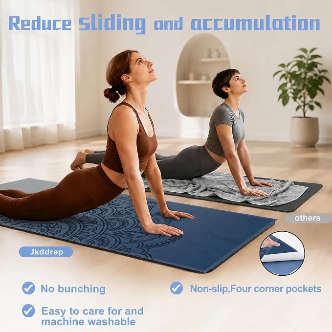 Yoga Mat Towel, Hot Yoga Non Slip with 4 Corner Pockets, 74 x 26 in | Soft Absorbent Microfiber With Four Corner Pockets, Fits Over Yoga Mats For Hot Yoga, Pilates, Gym, And Travel