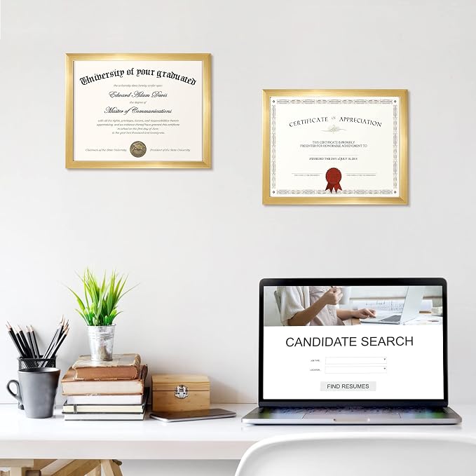 upsimples Certificate Frame, 8.5 by 11 Glass Diploma Frames, 5 Pack, Gold | Displays 8.5x11 Document and Degree, Graduation Gift for Wall or Tabletop Decor, High-definition Glass