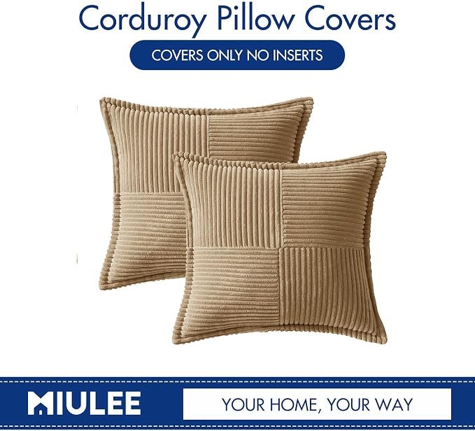 MIULEE Decorative Throw Pillow Covers for Couch 18x18 Inch Khaki 2 Pack | Boho Broadside Striped Patchwork Pillow Covers, Soft Corduroy Cushion Cases, For Sofa Bed Livingroom Home Decor