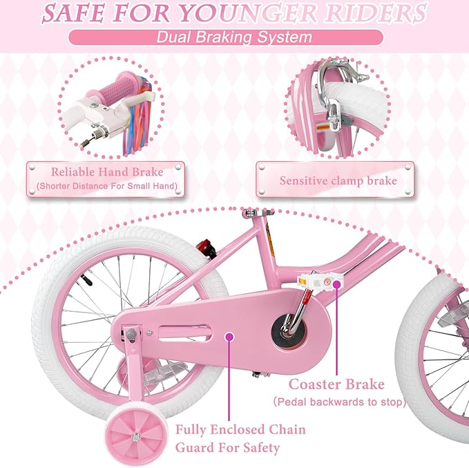 KORIMEFA Girls Bike for Ages 2-8 Years Toddler Kids with Doll Seat, 12 14 16 Inch Bicycle with Training Wheels, Little Small Princess Bicycle with Basket& Streamers, Girls Pedal Bike