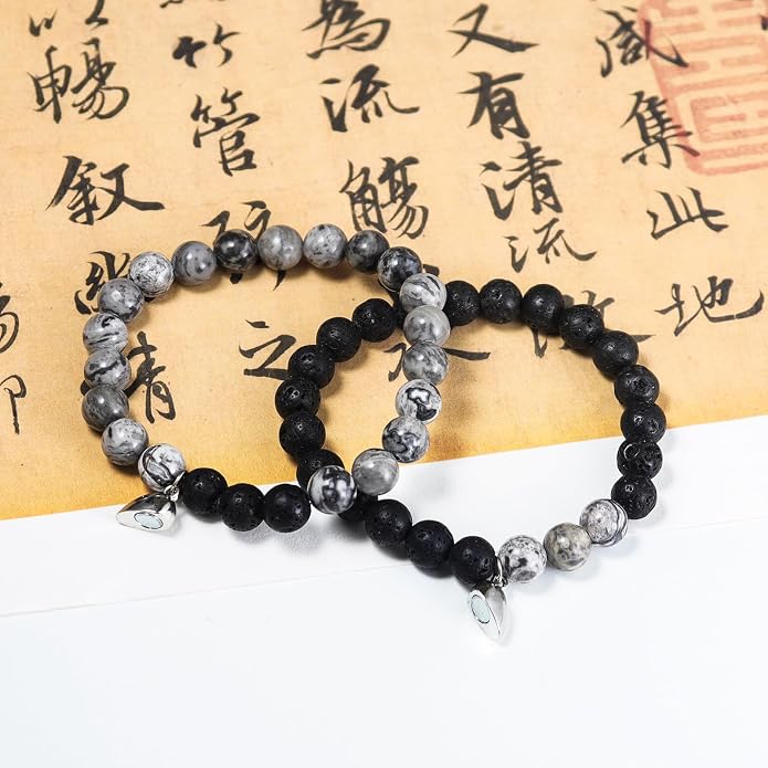 Caiyao 2Pcs Matte Lava Rock Volcanic Stone Beads Stretch Bracelet Stacking Essential Oil Diffuser Tiger Eye Seed Energy Yoga Bracelet for Men Women Couple Stress Relief Healing Aromatherapy Jewelry