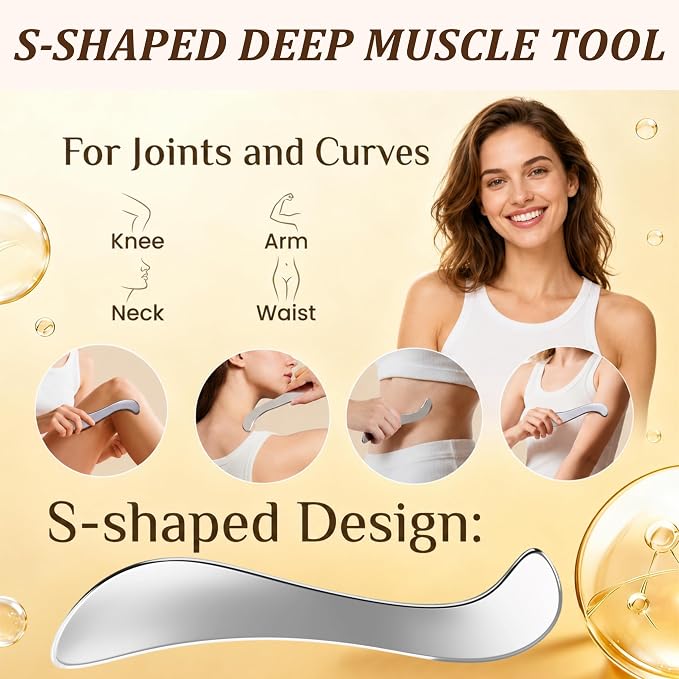 Stainless Steel Muscle Scraper Tool Set, 3-in-1 Gua Sha and Trigger Point Massager with 3mm Smooth Edges to Break Down Scar Tissue and Reduce Face Puffiness for Physical Therapy, Metal Gua Sha Tool