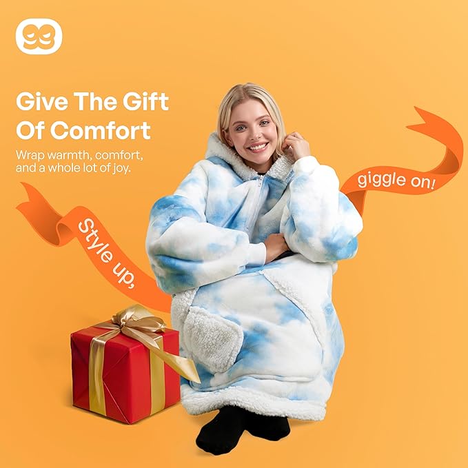 Giggling Getup Wearable Blanket Hoodie for Adults Gifts for Teen Girls Sister Women Sherpa Fleece Printed Hooded Blanket Sweatshirt Warm Cozy with Pocket & Sleeves Light Blue Tie Dye