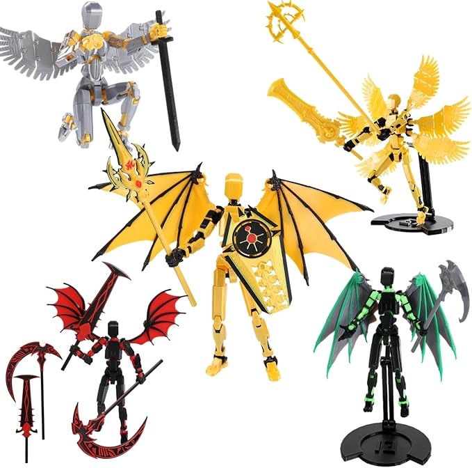 T13 Action Figure Set & Titan 13 Toys 5 Pack(3d Printed Action Figures Assembly Completed)(Multi-Jointed Movable)(Angel Designs Includes Various Accessories)Dummy 13 T 13 Figures Desk Decoration 5.5in