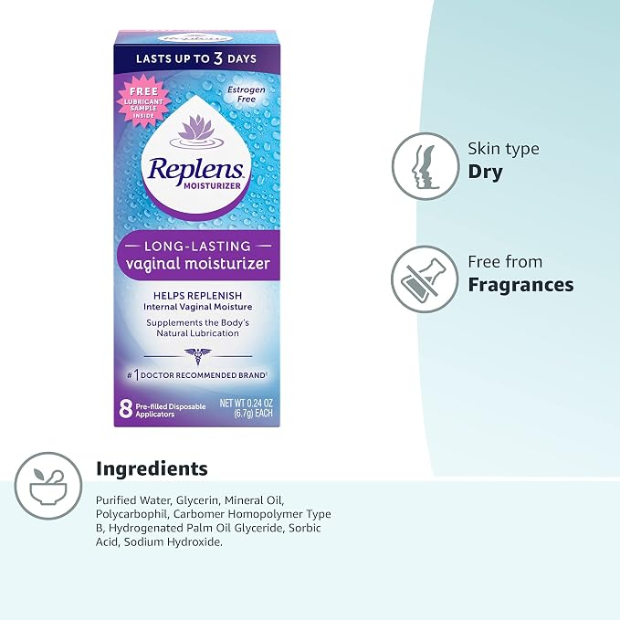 Replens Long-Lasting Vaginal Moisturizer, 8ct with Single-use applicator (Pack of 2)