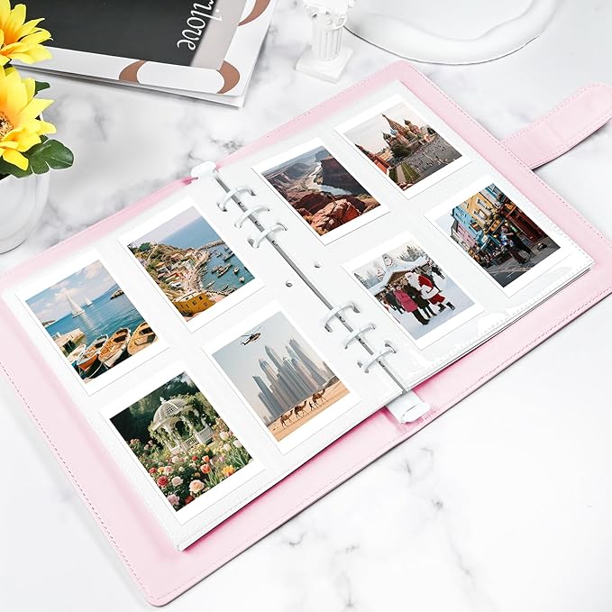 Refillable PU Leather Album A5 Photocard Binder with Adjustable Page,200 Pockets,Compatible with Fujifilm Instax Mini 12 11 9 40 99 90 8 7 Evo LiPlay,Polaroid Snap PIC-300 Z2300 Instant Cameras (Pink)