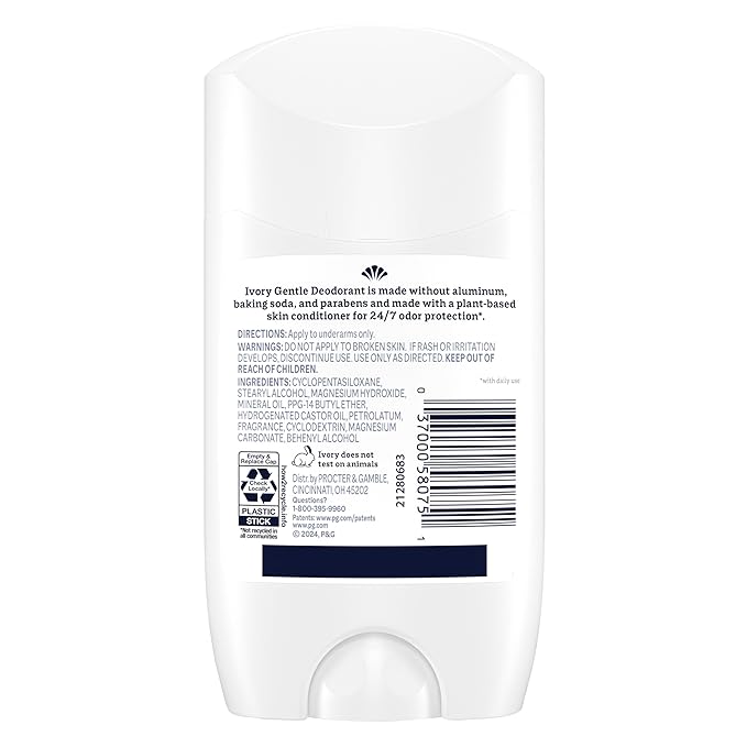 Ivory Aluminum Free Deodorant, Notes of Aloe, 24hr Gentle Deodorant, Dermatologist Tested, Baking Soda Free, Paraben Free, 2.4 oz