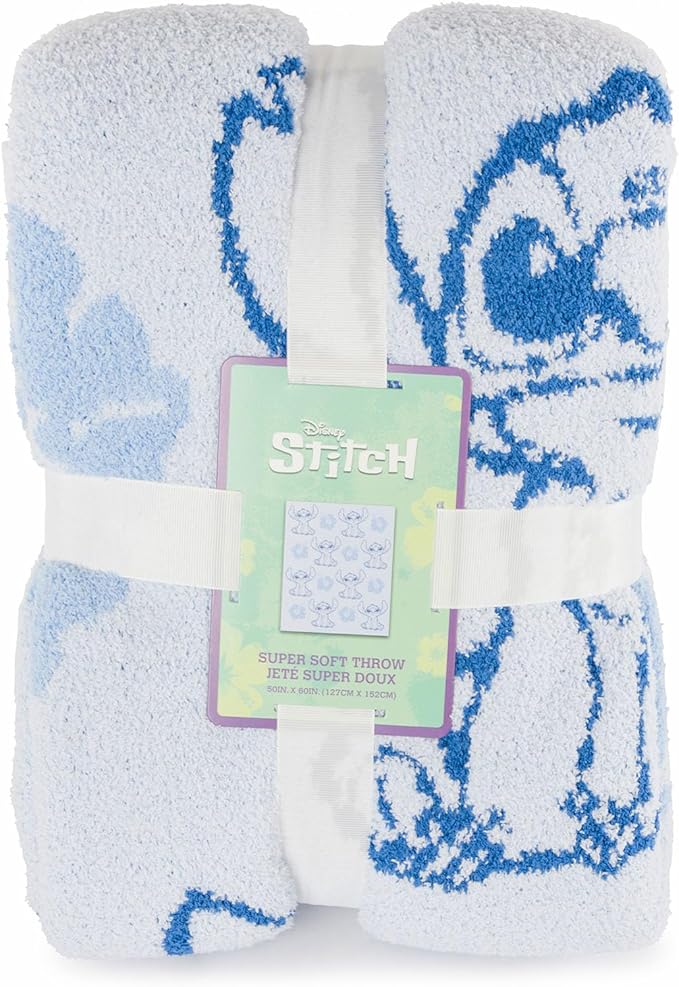 Jay Franco Disney Lilo and Stitch Feather Knit Fluffy Throw Blanket - Blue Floral Fuzzy Blanket Measures 50 x 60 Inch | Super Soft Lightweight Bedding