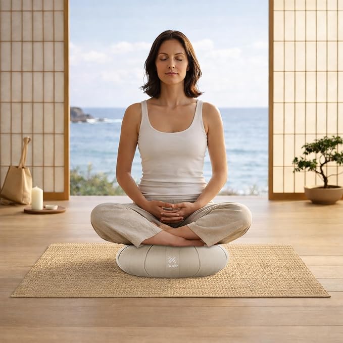 Zafu Meditation Cushion, 15" Round Buckwheat Yoga Pillow with Organic Cotton Cover