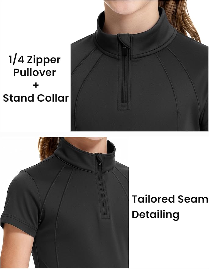 JOCMIC Girls Equestrian Shirt Short Sleeve Quick Dry Horse Riding Shirts Half Zip Horseback Show Shirt