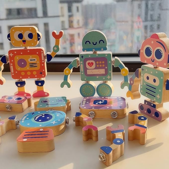Wooden Robots for Kids Building Blocks, Fine Motor Skills, Boys and Girls STEM Disassemblable Toy Sets, Suitable for Children Aged 3 to 8, Creative Building Toys