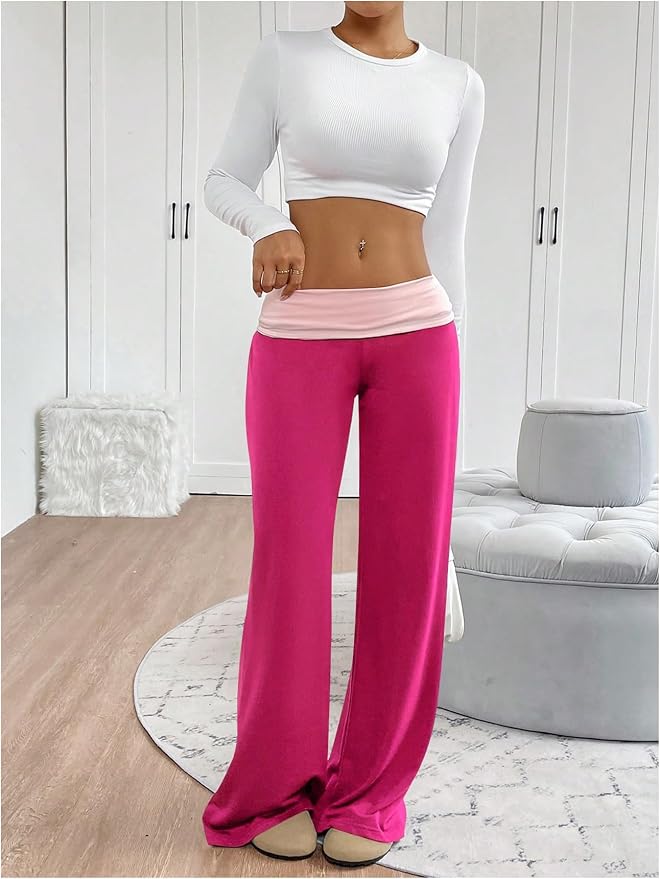 SOLY HUX Women's Sweatpants Color Block Low Rise Fold Over Waist Baggy Wide Leg Pants