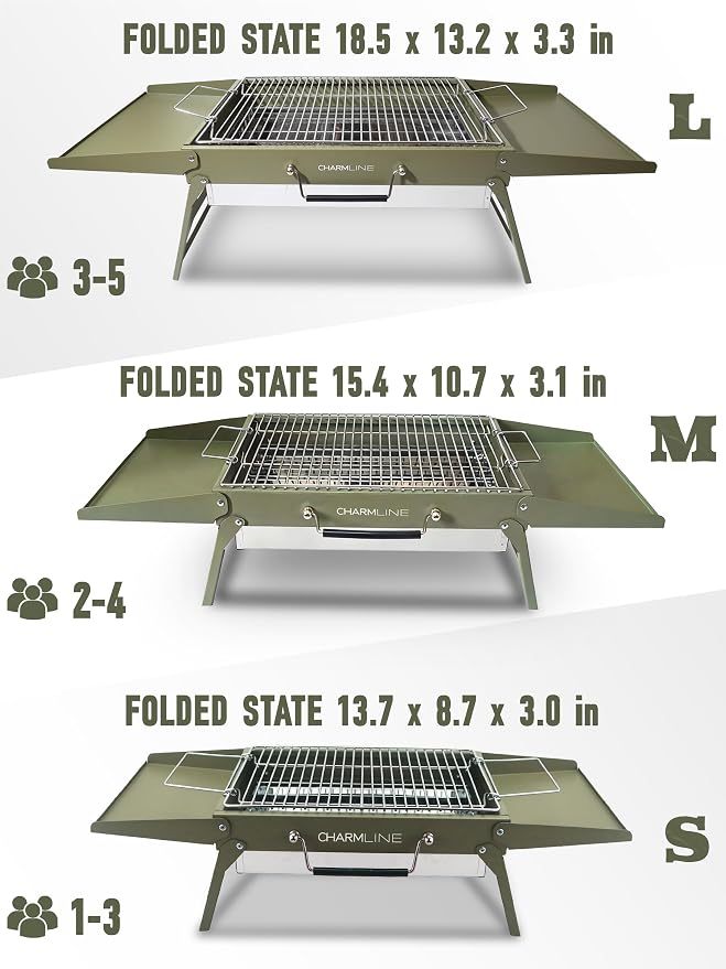 Charmline 18 x 13 inches Large Foldable Portable Charcoal BBQ Grill, Camping BBQ Grill for 3–5 People, Ideal for Camping, Garden, Beach, Picnic & Tabletop Use, Green