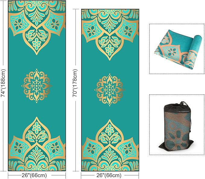 Colorful Star Yoga Towel with Corner Pockets, Non Slip Grip Dots Absorbent Hot Yoga Mat Towels, Yoga Blankets with Travel Bag, Mat Cover for Workout, Gym, Fitness - 70"x26", Turquoise Gold Mandala