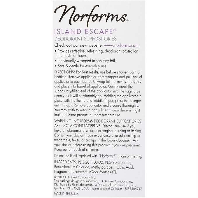 Norforms Feminine Deodorant Suppositories, Island Escape, 12 Ct, 3 Pk | Gentle pH-Balanced Formula, for Vaginal Odor Control, Gynecologist Tested, 12 Individually Wrapped Suppositories