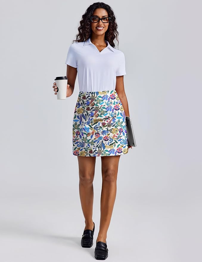 PINSPARK 18" Skorts for Woman Above Knee Length Golf Skirts 3 Pockets | High Waist, Built in Shorts, UV Protection, 4-Way Stretch, Soft, Dolphin Hem, Athletic, Tennis, Pickleabll, Casual