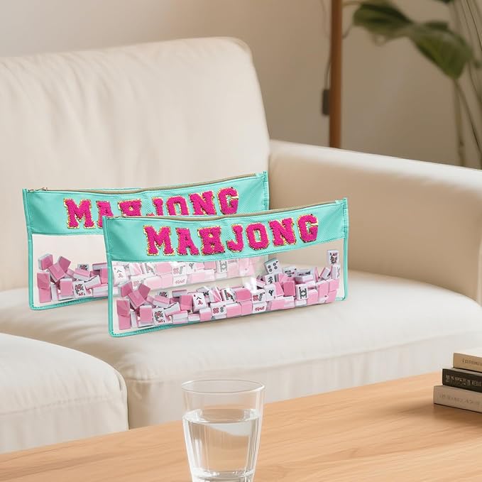 Empty Mahjong Tile Bag with Zipper, PVC Clear American Mahjong Storage Holder with Letter Embroidery for Game Lover Party Travel - Case Only
