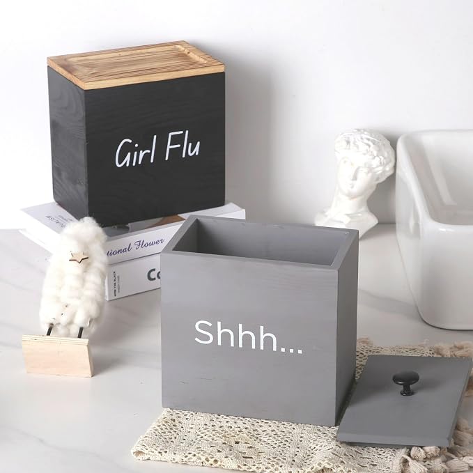 GoFika Tampon Holder for Bathroom| Feminine Product Organizer| Pad Container with Lid Black| Girls Stuff Storage Box Rustic Real Wood