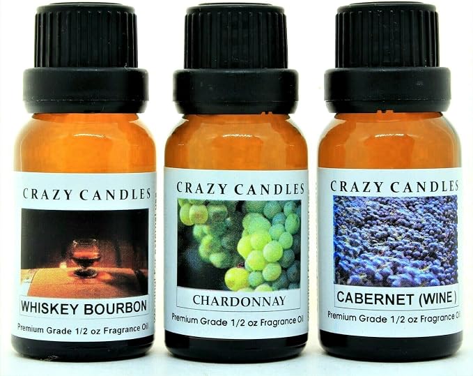 Crazy Candles 3 Bottle Set: Whiskey Bourbon, Chardonnay, Cabernet 1/2 Fl Oz Each (15ml) Premium Grade Scented Fragrance Oil Made in USA