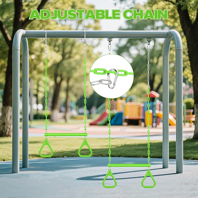 LadyRosian 17" Trapeze Bar Swing Set Gym Rings 47" Heavy Duty Chain Swing Set Accessories with Locking Carabiners Plastic Coated Chains Monkey Bars for Backyard, Playroom (Apple Green)