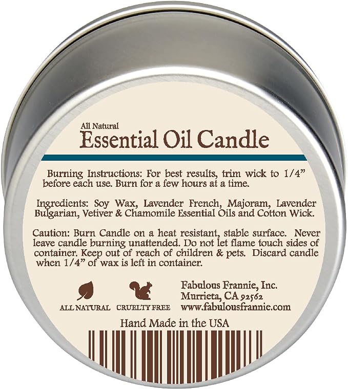 Fabulous Frannie Sleep All Natural Soy Travel Tin Candle Made with Pure Essential Oils Chamomile, Marjoram, Bulgarian Lavender and Vetiver 6oz