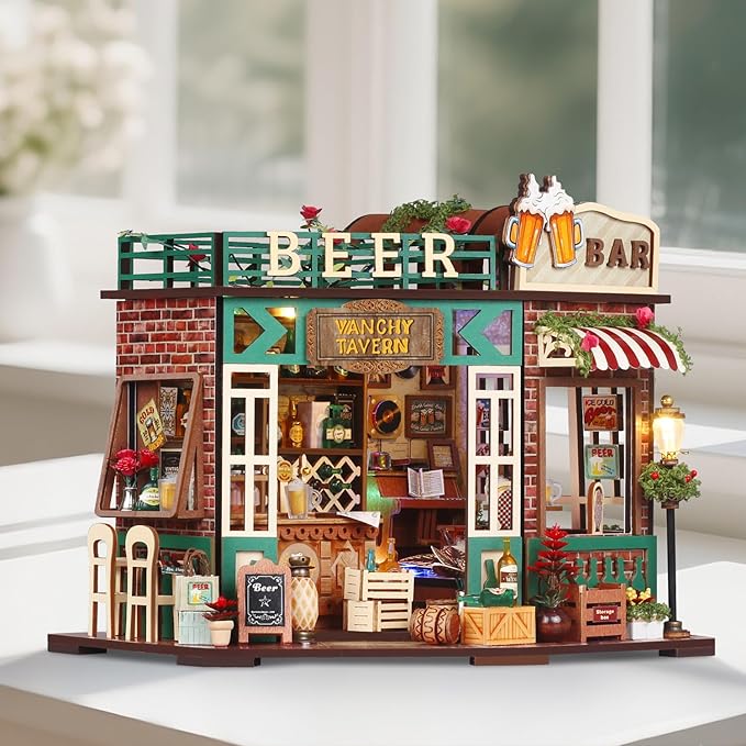 TuKIIE DIY Miniature House Kit with Furniture, 1:24 Scale Creative Room Mini Wooden Dollhouse Book Nook for Kids Teens Adults(Beer Bar)