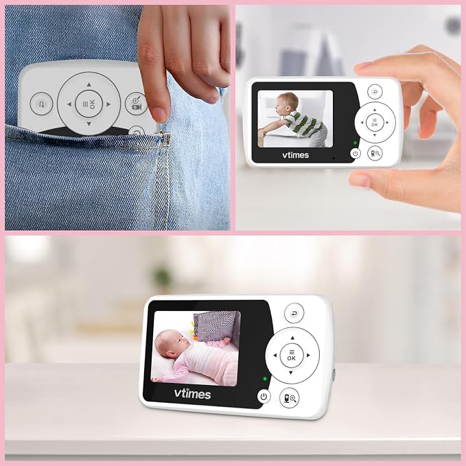VTimes Baby Monitor with Camera and Audio, No WiFi, 2.4" LCD Screen, Two-Way Talk, Portable, Night Vision, 1000ft Range, Temperature Sensor, Alarm and Lullaby, for Baby Shower