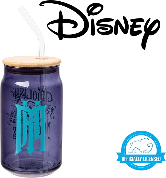 Silver Buffalo Disney Haunted Mansion “Foolish Mortals” Featuring Madame Leota Glass Jar Tumbler with Bamboo Lid and Glass Straw, 16 Ounces