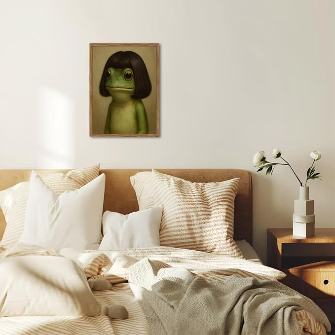 Funny Frog Wall Art, Whimsical Green Frog Wall Decor Painting Cute Animal Poster Canvas Prints Artwork for Living Room Bedroom Bathroom 16x24 inch Wood Framed