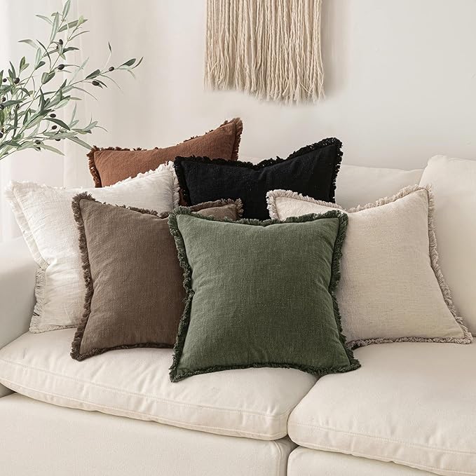 MIULEE Linen Decorative Fall Lumbar Throw Pillow Covers Cocoa Brown 12x20 | Set of 2, Cottagecore Decor, Boho Farmhouse Neutral Pillow Covers, Rustic Fall Fringe Couch Cushion for Sofa Bed Living Room