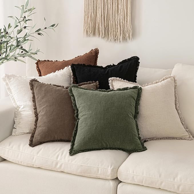 MIULEE Linen Decorative Fall Euro Throw Pillow Covers Cocoa Brown 26x26 | Set of 2, Cottagecore Decor, Boho Farmhouse Neutral Pillow Covers, Rustic Fall Fringe Couch Cushion for Sofa Bed Living Room