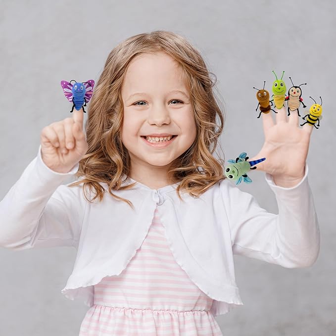 6pcs Insect Finger Puppets Bringing a Flowers House,Novelty Animals Toys Puppet for Kids, Storytelling Role-Playing Plush Finger Puppets Gifts for Boys and Girls