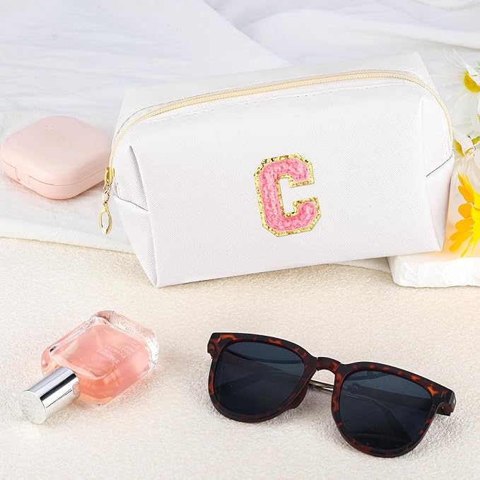 URSKYTOUS Initial Makeup Bag Personalized Preppy Travel Small Cosmetic Bag Cute PU White Chenille Letter Makeup Pouch for Purse Waterproof Zippered Toiletry Organizer for Women Girl Kid Friends(C)
