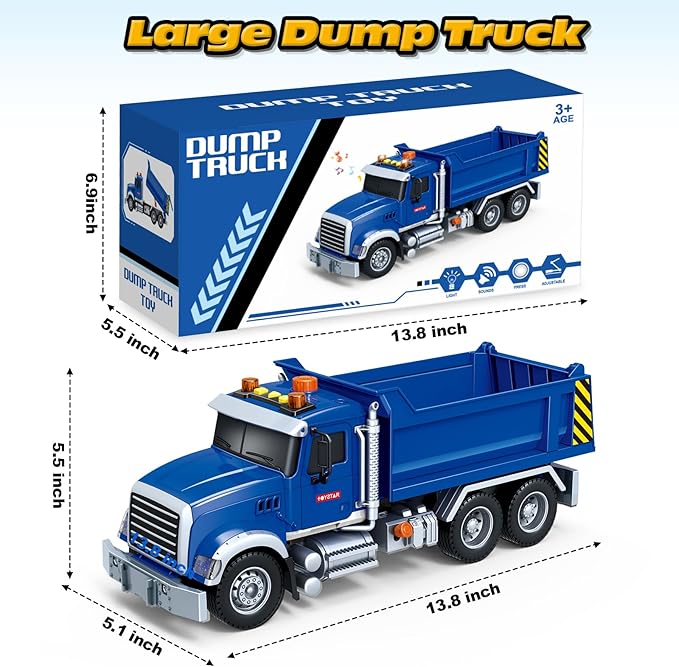 Kids Toys for 3 4 5 6 7 8 Years Old Boys, Large Dump Truck Toy with Lights, Sounds, Blue Toddler Friction Powered Truck Vehicle Toy for Boys Girls Birthday Gifts